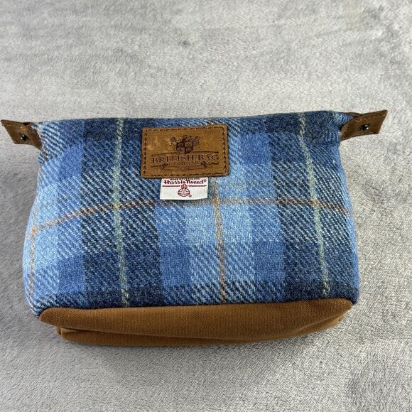 British Bag Company Harris Tweed Wash Bag Dopp Kit Travel Blue Plaid Leather 8x6 - Picture 3 of 15